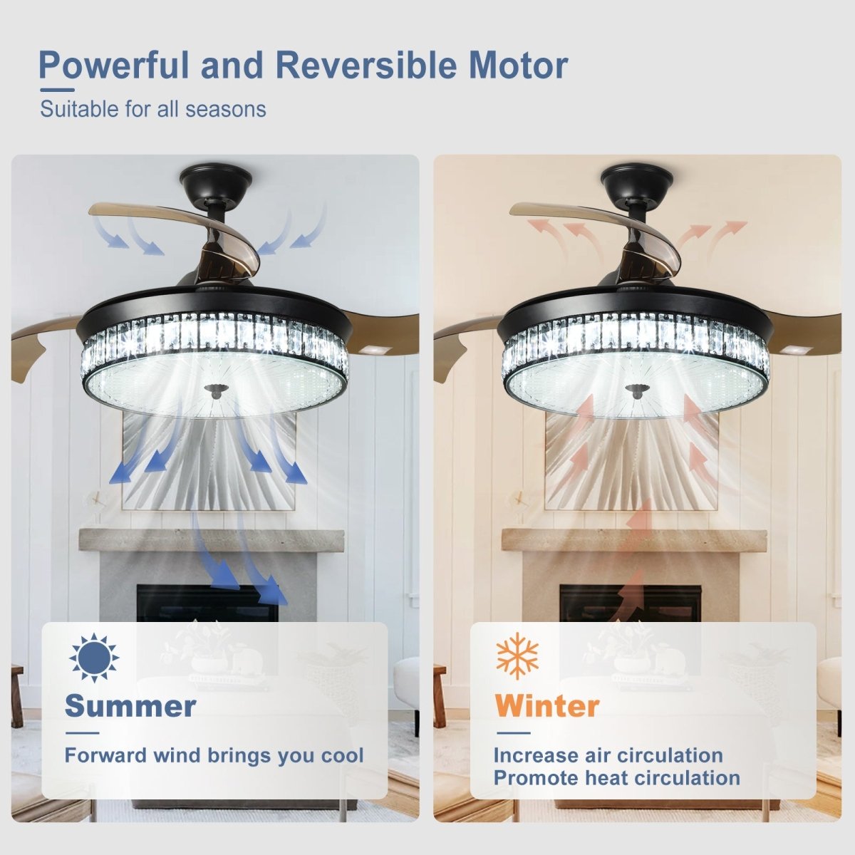 Plafondventilator Depuley 42” – Kristallen Kroonluchter – Inklapbare Bladen – LED – Dimbaar – Stille DC Motor – Afstandsbediening