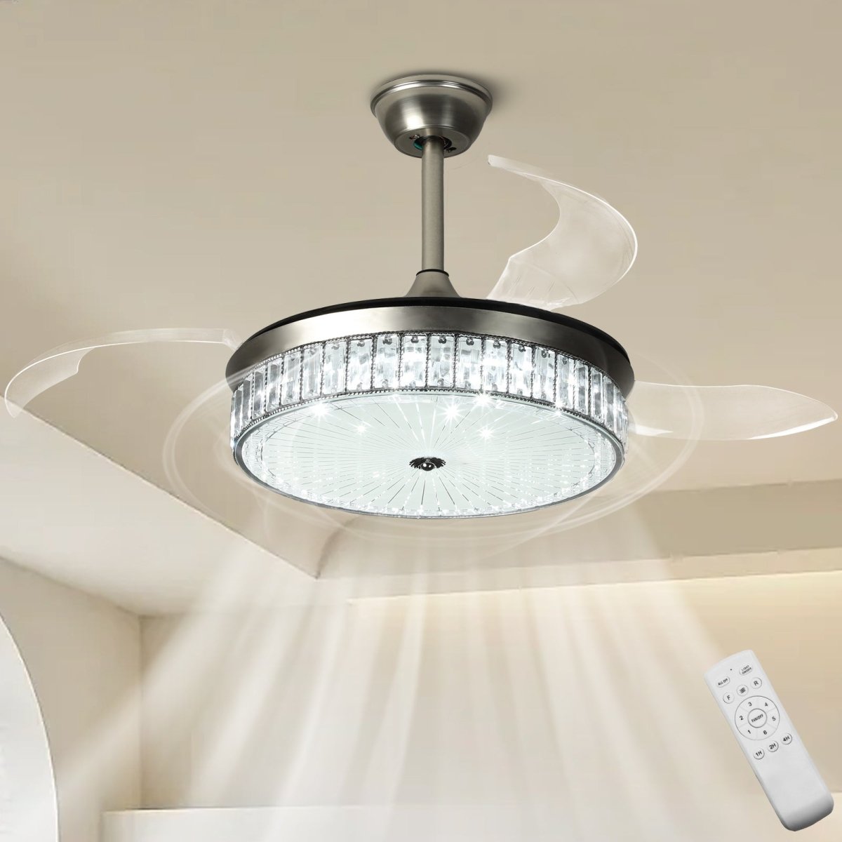 Plafondventilator Depuley 42” – Kristallen Kroonluchter – Inklapbare Bladen – LED – Dimbaar – Stille DC Motor – Afstandsbediening