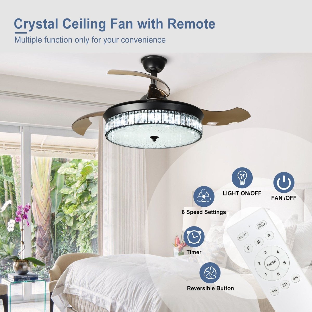 Plafondventilator Depuley 42” – Kristallen Kroonluchter – Inklapbare Bladen – LED – Dimbaar – Stille DC Motor – Afstandsbediening