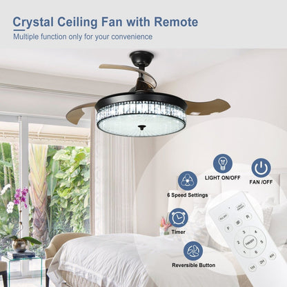 Plafondventilator Depuley 42” – Kristallen Kroonluchter – Inklapbare Bladen – LED – Dimbaar – Stille DC Motor – Afstandsbediening