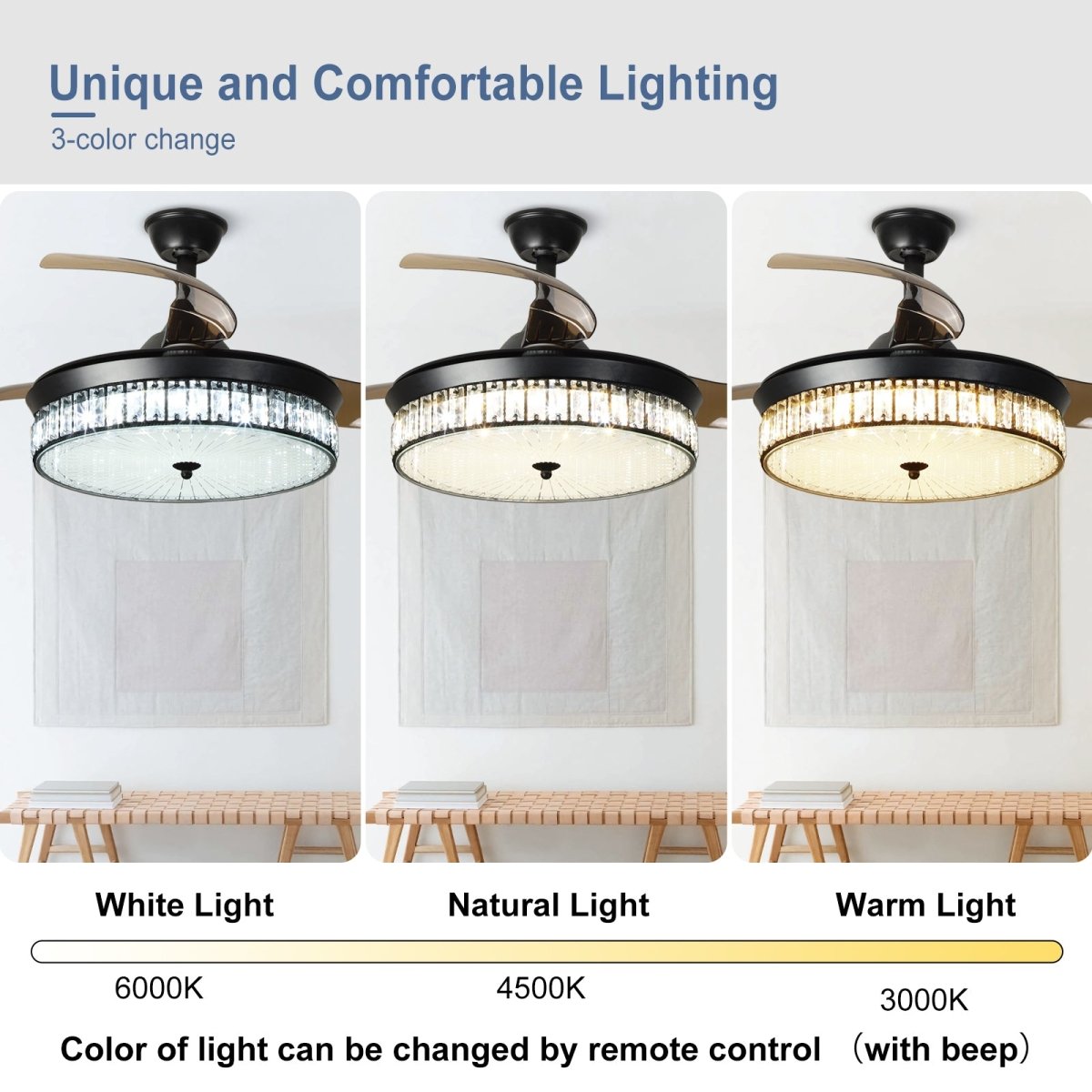 Plafondventilator Depuley 42” – Kristallen Kroonluchter – Inklapbare Bladen – LED – Dimbaar – Stille DC Motor – Afstandsbediening