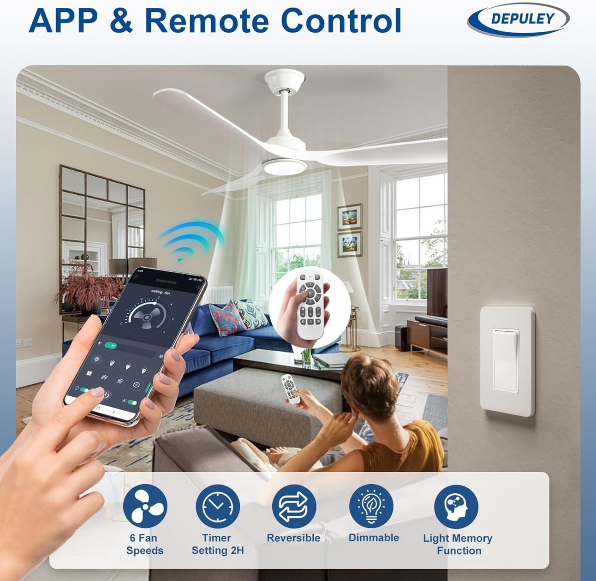 Plafondventilator Depuey 52” – Met Lamp – Mat Zwart – Dimbaar – Stille DC Motor – 3 Lichtkleuren – Afstandsbediening