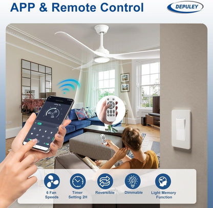 Plafondventilator Depuey 52” – Met Lamp – Mat Zwart – Dimbaar – Stille DC Motor – 3 Lichtkleuren – Afstandsbediening