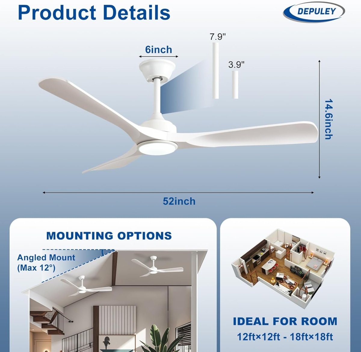 Plafondventilator Depuey 52” – Met Lamp – Mat Zwart – Dimbaar – Stille DC Motor – 3 Lichtkleuren – Afstandsbediening