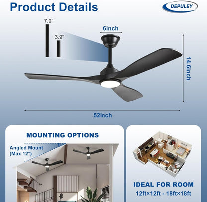 Plafondventilator Depuey 52” – Met Lamp – Mat Zwart – Dimbaar – Stille DC Motor – 3 Lichtkleuren – Afstandsbediening