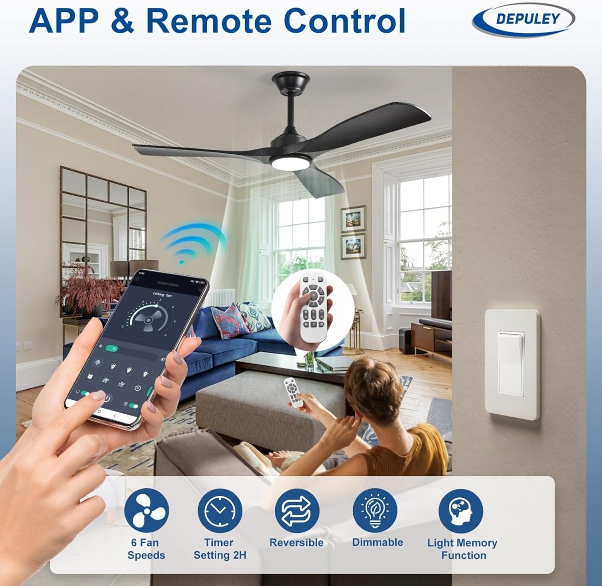 Plafondventilator Depuey 52” – Met Lamp – Mat Zwart – Dimbaar – Stille DC Motor – 3 Lichtkleuren – Afstandsbediening