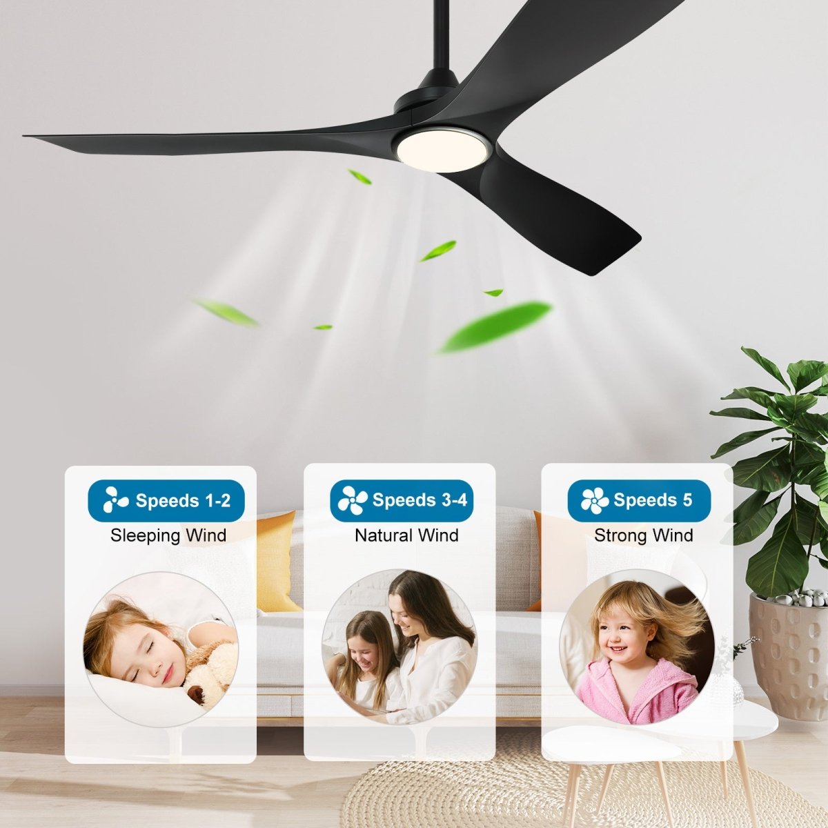 Plafondventilator Depuey 52” – Met Lamp – Mat Zwart – Dimbaar – Stille DC Motor – 3 Lichtkleuren – Afstandsbediening