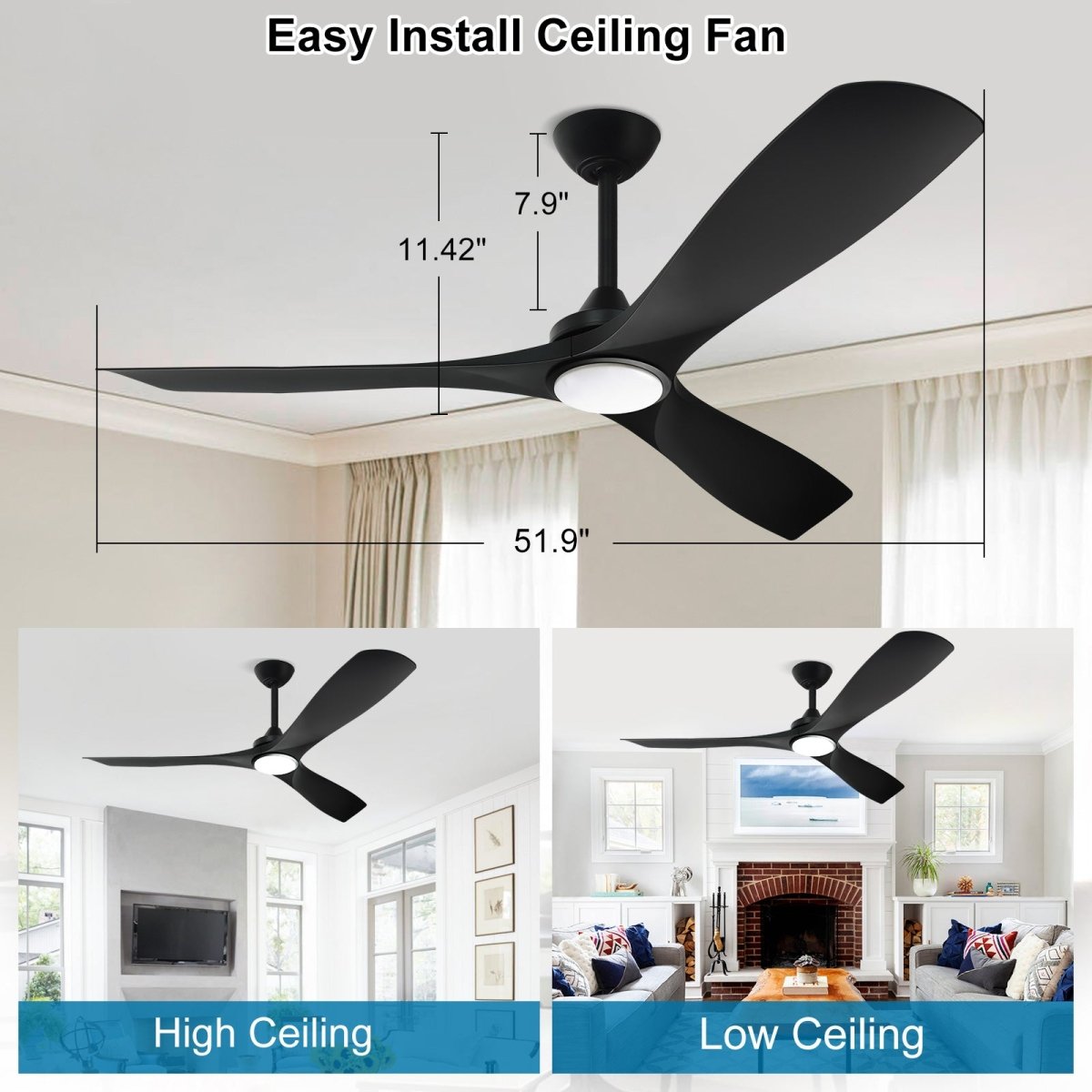 Plafondventilator Depuey 52” – Met Lamp – Mat Zwart – Dimbaar – Stille DC Motor – 3 Lichtkleuren – Afstandsbediening