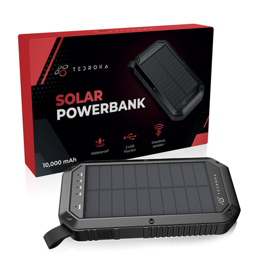 10.000 mAh Zonne-Energie Powerbank – Draadloos Opladen, Quick Charge, Waterbestendig en Zaklamp